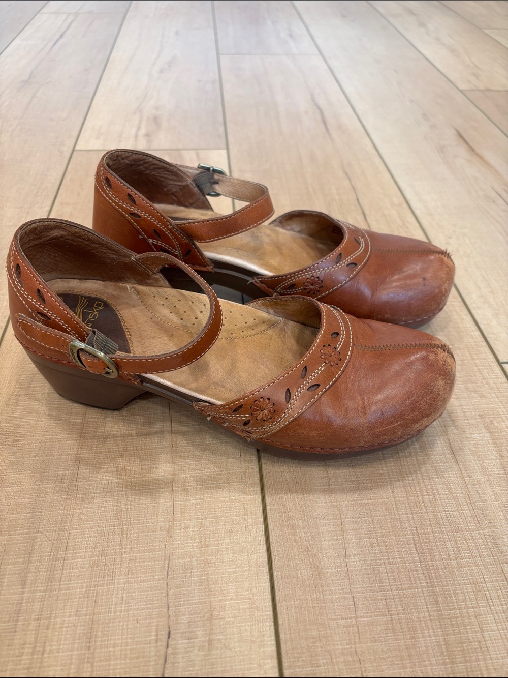 Brown Leather Mary Jane Heels with Floral Cutouts
